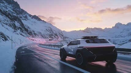 Naklejka premium A futuristic car on a snowy mountain road with pink lights reflecting at sunset, AI generated