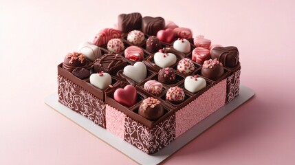 A Valentine cake designed as a box of chocolates, with edible candy decorations and romantic patterns, on a clean background