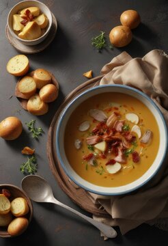 Bouneschlupp Soup with Crispy Bacon and Potatoes, meaty flavor , potatoes, rustic bowl