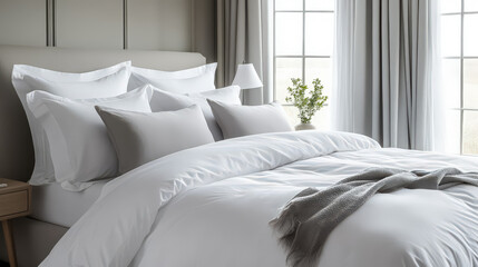close up A sleek modern bed with white linens and gray accent pillows against a textured wall