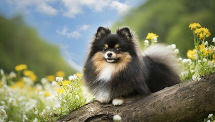 Obraz premium Ai generated, animal, animals, mammal, mammals, a, single animal, dwarf spitz, Spitz, (Canis lupus familiaris), dog, dogs, bitch, Pomeranians, a black-brown dwarf spitz lies on a tree in a flower meadow