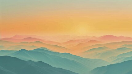 Pastel-colored mountains with a soft sunrise, giving a tranquil and gentle ambiance