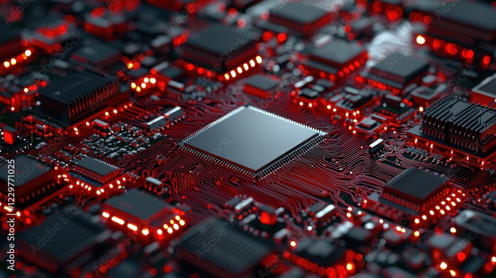 Poster high-speed assembly line producing complex electronic components in red light