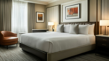 close up A sleek modern bed with white linens and gray accent pillows against a textured wall