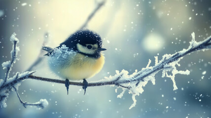 Obraz premium 凍った枝の上で寒さに耐えるシジュウカラの愛らしい姿