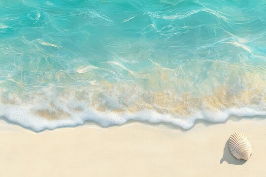 A beautiful painting shows a starfish and seashell on a beach