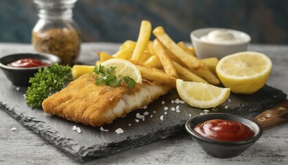 KI generated, A freshly baked fish fillet with chips and tartar sauce, saithe