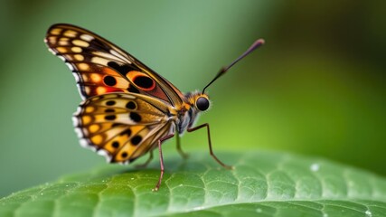 Obraz premium Butterfly with intricate patterns resting on vibrant green leaf, insect, macro, flutter