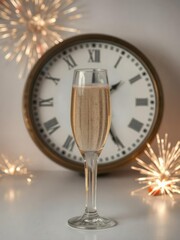 Champagne glasses positioned against a clock with a sparkling fireworks display in the background, luxury, glassware, sparkling wine