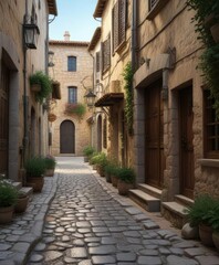 Fototapeta premium Charming cobblestone street in Mediterranean village, vlog, slideshow