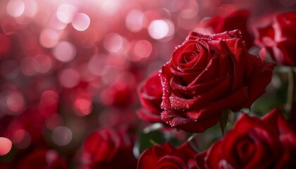Sparkling water droplets on red roses with bokeh lights, creating a festive romantic atmosphere, AI generated