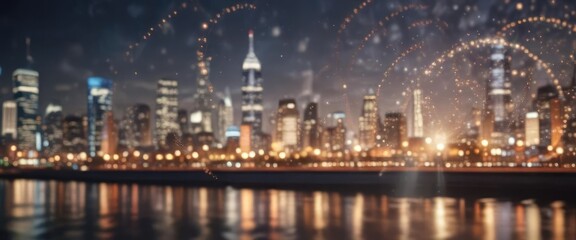 Fototapeta premium Circular bokeh light pattern in abstract cityscape backdrop, dynamic motion, modern art, defocused city lights