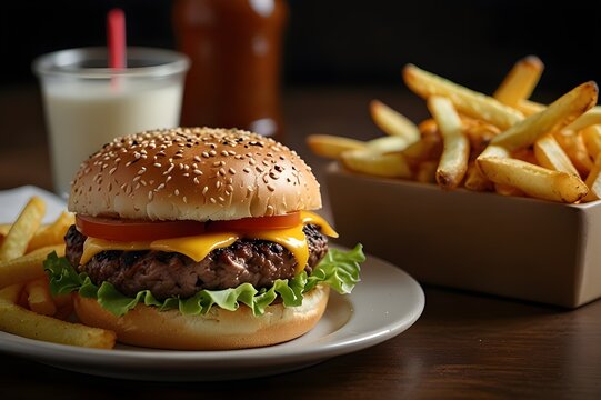 A cheesy burger with delicious potato fries with souces