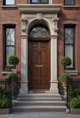 Classic brownstone with a beautifully decorated entranceway, holiday decorating, festive doormat