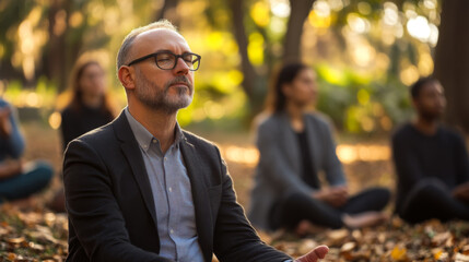 Corporate Team Practicing Mindfulness in Nature