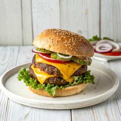 hamburger on a wooden table