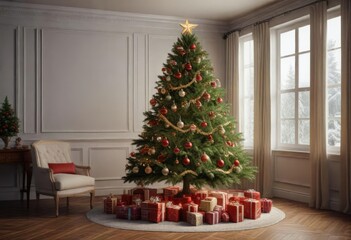 Classic Christmas tree with traditional ornaments, christmas tree, wooden base, festive decorations