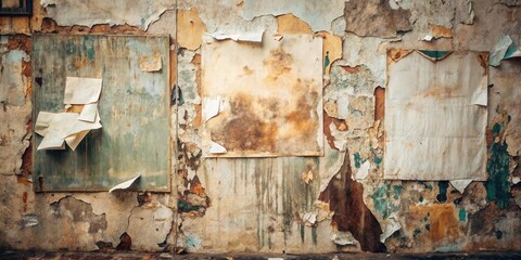Naklejka premium A weathered wall texture featuring peeling paint, distressed plaster, and remnants of old posters, creating a backdrop of aged beauty and urban decay