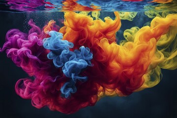 Fototapeta premium Colorful liquid paint swirling underwater creating a vibrant abstract pattern, Fire Particles, AI generated
