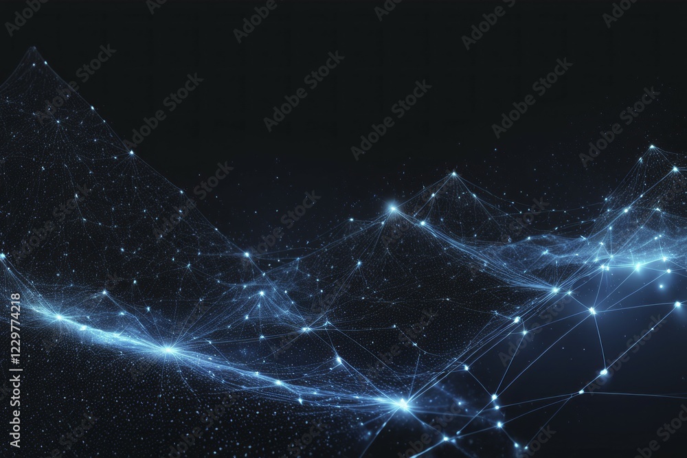 Poster a digital representation of a blue network of connected points and particles, set against a dark bac