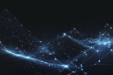 Fototapeta premium A digital representation of a blue network of connected points and particles, set against a dark background, AI generated