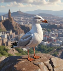 Close up of a graceful seagull perched on a rocky peak at Arthur's Seat with city view in background,  travel,  urban