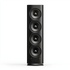 tall black floor-standing speaker with visible woofers and tweeters, isolated on a clean white background