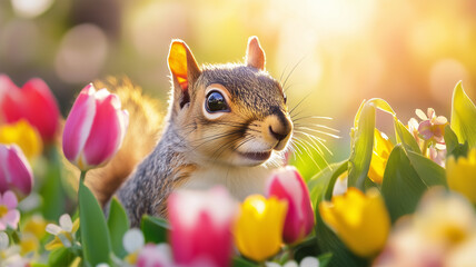 Fototapeta premium チューリップ畑から顔をのぞかせるリスのキュートな表情