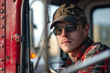 Naklejka premium Generative AI image of a thoughtful truck driver in a cabin, portraying the life of a long-haul driver