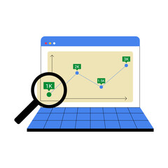 Website Analytics With Magnifying Glass On Growth Chart In Flat Vector Illustration Symbolizing Data Analysis, Search Engine Optimization, And Digital Marketing, Isolated On White Background