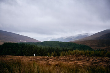 A breathtaking view of the Wicklow Mountains in Ireland, covered in mist and surrounded by dense forests and rolling hills. The dramatic sky and untouched wilderness create a serene scene