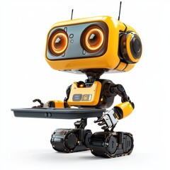 tiny helper robot with a tray and glowing sensors, isolated on a clean white background