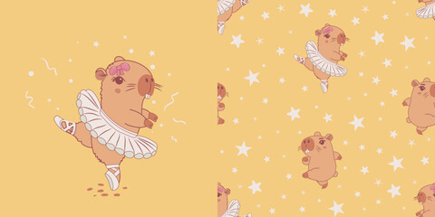 Cute capybara ballerina seamless pattern. Hand drawn vector illustration. Print for baby t-shirt print, fashion print design, kids wear, baby shower celebration greeting and invitation birthday card. © Antonina