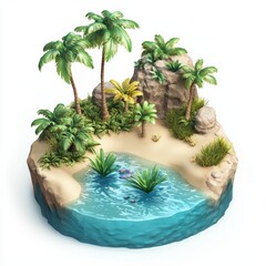 Obraz premium tropical desert oasis with lush vegetation and rippling water, isolated on a clean white background