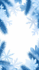 Winter frame, fir branches, snowflakes, white background, greeting card