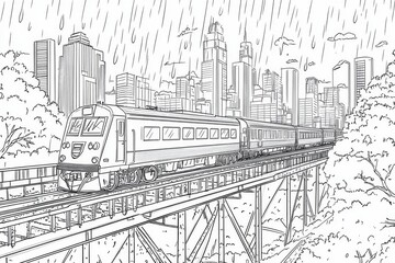 Fototapeta premium Rainy City Train Bridge Sketch