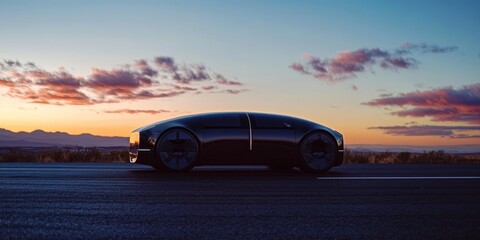 A black car is driving down a road. The sky is orange and the sun is setting. The car is on a highway