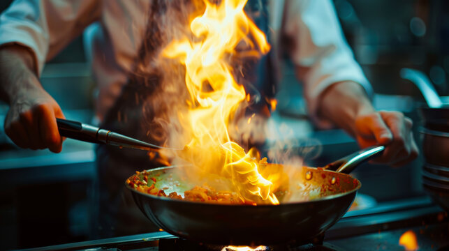 Chef Cooking with Intense Flames in Restaurant Kitchen