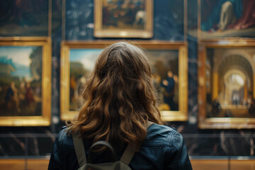 Person Observing Admiring Artwork in Museum or Art Gallery Exhibition study, Generative AI