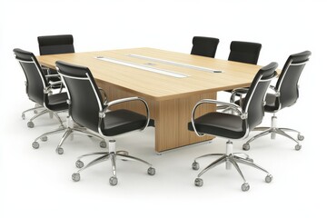 Fototapeta premium 3D Design of a Conference Room Featuring a Long Table and Black Chairs Isolated Background