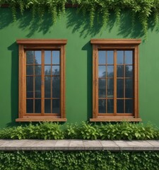 Close-up of wooden windows against a green wall, rustic, green paint, house, home decor, vintage