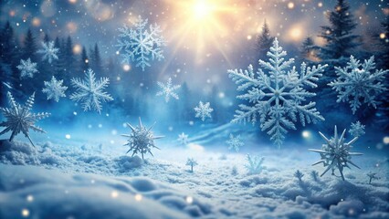 Frosty winter scene with swirling snowflakes and glittering ice crystals in a misty background, warm and cozy, winter wonderland