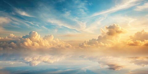 Fototapeta premium Serene Sunset Cloudscape A Breathtaking Reflection of Golden Hues and Fluffy Clouds in a Tranquil Atmosphere