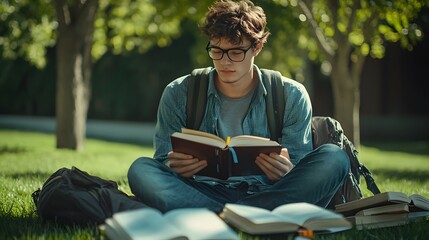 Obraz premium Young Man Studying Outdoors with Books in Natural Setting