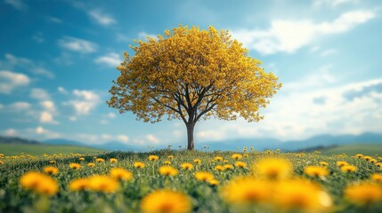 Solitary yellow tree in a dandelion field.