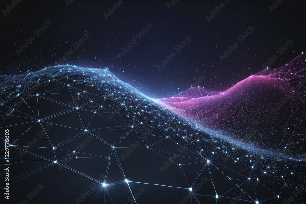 Poster digital art featuring a network of neon blue and pink grids and particles creating a futuristic land