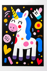 Naklejka premium Cute cartoon unicorn with mane and horn illustration on dark background. Card and shirt design