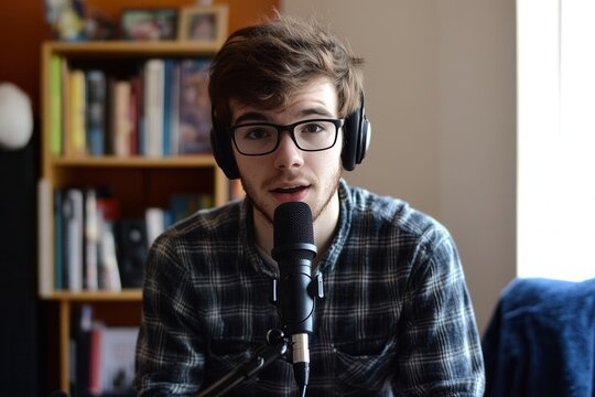 Young podcaster shares insights on mental health while surrounded by inspirational books in a cozy setting. Generative AI