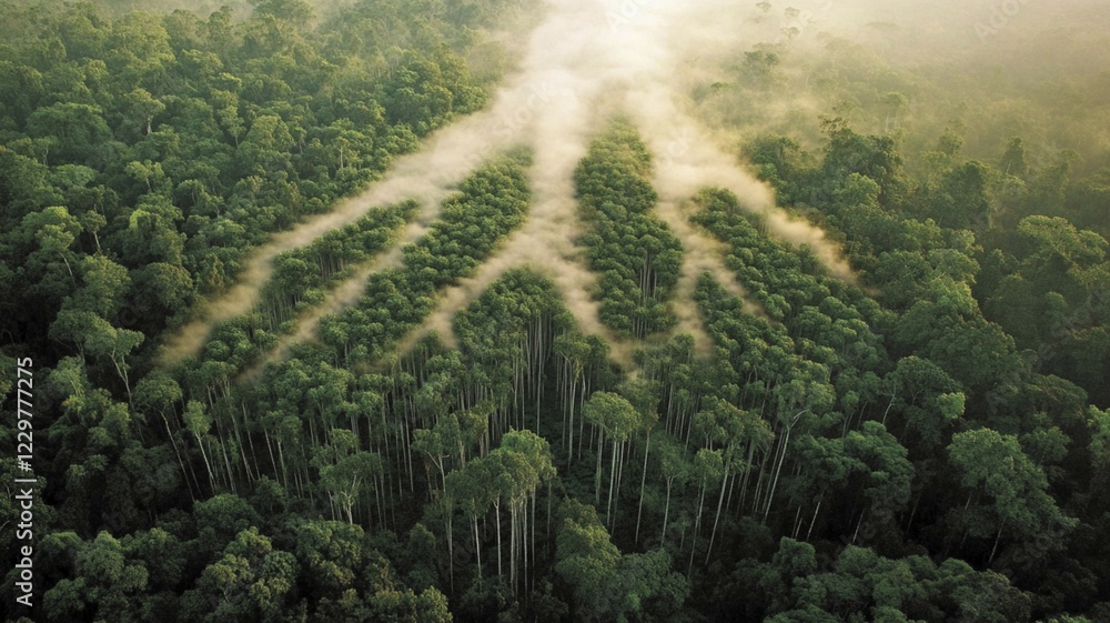 Poster forest with mist spreading like branches seen from above, creating an ethereal effect, ai generated