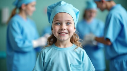 Fototapeta premium portrait of a little girl in hospital clothes and a blue cap, smiling child looking into the camera on the background of a hospital ward, operating room, blurred pediatric department generative ai